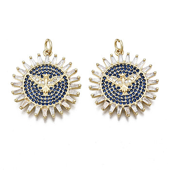 Brass Micro Pave Clear and Blue Cubic Zirconia Pendants, Nickel Free, Sun with Bird & Jump Rings, Real 16K Gold Plated, 25x22.5x2.5mm, Jump Ring: 5x0.8mm, Inner Diameter: 3.4mm