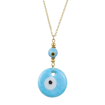 Light Sky Blue Glass Evil Eye Pendant Necklace with Alloy Cable Chains, Golden, 15.47 inch(39.3cm)