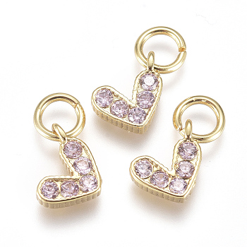 Brass Micro Pave Cubic Zirconia Charms, with Jump Ring, Long-Lasting Plated, Real 18K Gold Plated, Heart, Pink, 6x8x2mm, Hole: 3mm