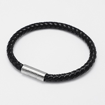 Braided Leather Cord Bracelets, with 304 Stainless Steel Magnetic Clasps, Black, 200x6mm