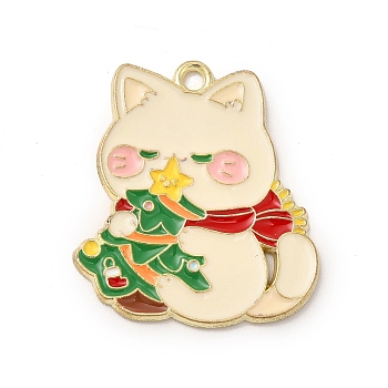 Christmas Theme Alloy Enamel Pendants, Light Gold, Cat Charm, Christmas Tree Pattern, 29x25.5x1.5mm, Hole: 2.1mm