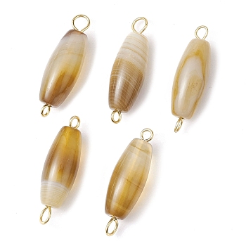Natural Striped Agate/Banded Agate Connector Charms, Rice Links with Golden Plated 304 Stainless Steel Double Loops, 27~27.5x8~8.5mm, Hole: 1.8mm and 3mm