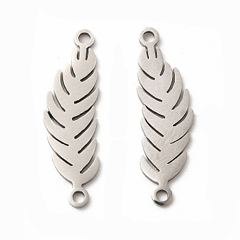201 Stainless Steel Connector Charms, Hollow Feather Links, Stainless Steel Color, 24x7x1mm, Hole: 1.4mm