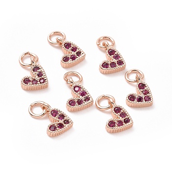 Brass Micro Pave Cubic Zirconia Charms, Long-Lasting Plated, Lead Free & Nickel Free & Cadmium Free, Heart, Hot Pink, Real Rose Gold Plated, 9.5x6.5x2mm, Hole: 1mm.