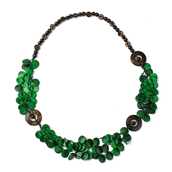 Dyed Natural Coconut Donut & Flat Round Beaded Bib Necklaces, Bohemian Jewelry for Women, Green, 37.80 inch(96cm)