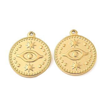 304 Stainless Steel Pendants, Flat Round with Evil Eye Charm, Real 14K Gold Plated, 19.5x17x2mm, Hole: 1.6mm
