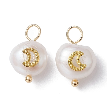 Natural Pearl Pendants, Potato Charms with Golden Plated Brass Slice, Moon, 16~17x10~11x7~8mm, Hole: 3mm
