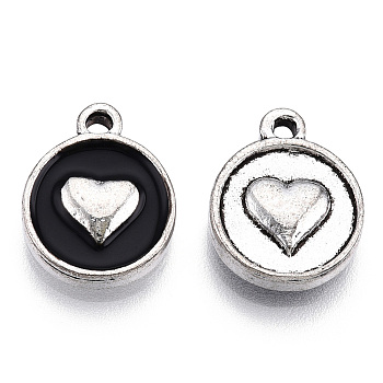 Alloy Pendants, with Enamel, Enamelled Sequins, Flat Round with Heart, Black, Antique Silver, 14.6x11.6x3.1mm, Hole: 1.6mm