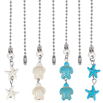Synthetic Turquoise Ceiling Fan Pull Chain Extenders, Starfish & Sea Turtle Pendant Decoration, with Iron Ball Chains, Mixed Color, 36~36.3cm, 2 style, 6pcs/style, 12pcs/set