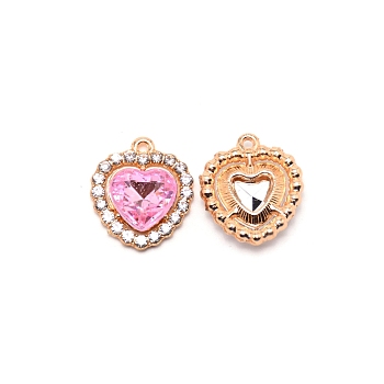 Alloy Crystal Rhinestone Charms, with Acrylic, Heart, Light Gold, Light Rose, 18x16x5mm, Hole: 1.4mm