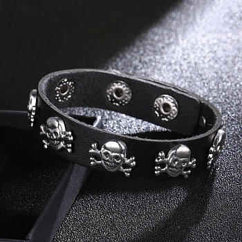 Leather Cord Bracelets, Skull Rivets Bracelets, Black, 9-1/2 inch(24.2cm)