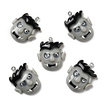 Halloween Opaque Resin Pendants, with Platinum Tone Iron Loops, Vampire Head, Black, 30x25x8mm, Hole: 2mm