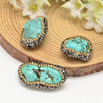 Nuggets Dyed Natural Magnesite Beads, with Polymer Clay Rhinestones, Turquoise, 21~33x17~21x10~14mm, Hole: 0.5~1mm