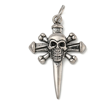 316 Surgical Micro Pave Cubic Zirconia Stainless Steel Pendants, with Jump Rings, Skull with Cross Shape, Black, 46.5x30.5x7mm, Hole: 7mm