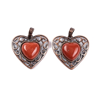 Natural Red Jasper Peach Love Heart Pendants, Rack Plating Brass Hollow Heart Charms, Cadmium Free & Lead Free, Red Copper, 29.5x30.5x7.5mm, Hole: 7.5x5mm