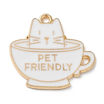 Alloy Enamel Pendants, Light Gold, Cup with Cat & Word Pet Friendly, White, 25x26.5x1.5mm, Hole: 1.8mm