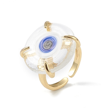 Lampwork Evil Eye Open Cuff Ring, Golden Brass Lucky Jewelry for Women, Lead Free & Cadmium Free, Purple, Inner Diameter: 16mm