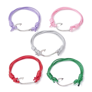 Fish Hook Shape 304 Stainless Steel Link Braclet, Waxed Polyester Cord Adjustable Bracelets, Mixed Color, Inner Diameter: 2-1/4~3-7/8 inch(5.7~9.8cm)