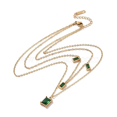 Green Glass Rectangle Charms Double Layer Necklace(NJEW-C036-03G)-2