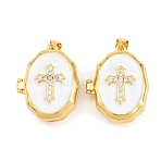 Brass Locket Pendants, with Enamel & Clear Cubic Zirconia, Cadmium Free & Lead Free, Real 18K Gold Plated, Rack Plating, Long-Lasting Plated, Cross with Oval Charms, White, 27x21x9mm, Hole: 3x5mm(KK-D232-02G-01)