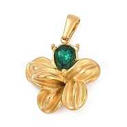 304 Stainless Steel Rhinestone Pendants, Flower Charms, Golden, Emerald, 25.5x23x7mm, Hole: 6.5mm(STAS-K291-06G-03)