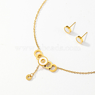 Golden Stainless Steel Jewelry Set, Pendant Necklaces & Stud Earrings, Flat Round, Necklace: 440mm, Earring: 8mm(QE0758-2)