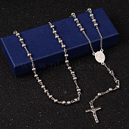 201 Stainless Steel Rosary Bead Necklaces, with Crucifix Cross Pendant, For Easter, Stainless Steel Color, 27.6 inch(70cm)(X-NJEW-L427-22P)
