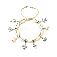 Dolphin & Tortoise Alloy & Synthetic Turquoise Starfish Charm Bracelet, Natural Shell Adjustable Bracelet, Floral White, Inner Diameter: 2-1/8~3-3/8  inch(5.5~8.5cm)(BJEW-TA00380)