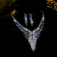 Rhinestone Butterfly Tassel Pendant Necklace & Horse Eye Tassel Stud Earrings Sets for Women, Capri Blue, 340mm(WGCD1FC-05)