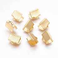 304 Stainless Steel Ribbon Crimp Ends, Rectangle, Golden, 9x10.5mm, Hole: 1.5x3mm(STAS-P220-02G)