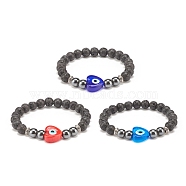 3Pcs 3 Color Natural Lava Rock & Synthetic Hematite Stretch Bracelets Set, Lampwork Heart with Evil Eye Beads Bracelets for Women, Mixed Color, Inner Diameter: 2-1/8 inch(5.4cm), 1Pc/color(BJEW-JB08323)
