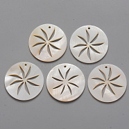 Natural Freshwater Shell Pendants, Flat Round with Hollow Windmill, 30x2mm, Hole: 1.6mm(SHEL-R021-05)