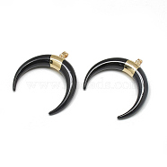 Resin Pendants, with Brass Findings, Double Horn/Crescent Moon, Golden, Black, 34~35x34x9mm, Hole: 6x3mm(RESI-S357-026B)