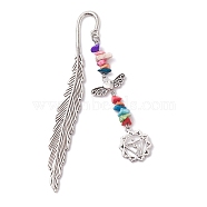 Tibetan Style Alloy Feather Bookmark, with Synthetic Turquoise Beads, Antique Silver, Manipura, 83x19x2mm(AJEW-JK00310-02)