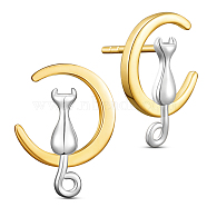 SHEGRACE Unique Design 925 Sterling Silver Stud Earrings, Half Hoop Earrings, with Kitten and Moon, Platinum & Golden, 18.14x13mm(JE395A)