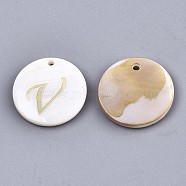 Natural Freshwater Shell Pendants, with Golden Plated Brass Etched Metal Embellishments, Flat Round with Letter, Letter.V, 15x2mm, Hole: 1.2mm(SHEL-N027-04V)