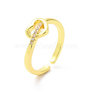 Clear Cubic Zirconia Heart Open Cuff Ring, Brass Jewelry for Valentine's Day, Golden, Inner Diameter: 17.4mm(RJEW-H127-11G)