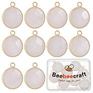 10Pcs Natural Rose Quartz Pendants, Faceted Flat Round Charms, with Golden Tone Brass Findings, 21x18x6mm, Hole: 2mm(G-BBC0001-37A)