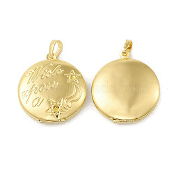 Rack Plating Brass Locket Pendants, Flat Round with Word & Star Charm, Cadmium Free & Lead Free, Long-Lasting Plated, Real 18K Gold Plated, 29x25.5x6.5mm, Hole: 4x7mm(KK-G452-01G)