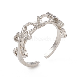 Rack Plating Brass Open Cuff Ring Settings, for Half-drilled Beads, Long-Lasting Plated, Heart Leaf, Platinum, Inner Diameter: 18mm(KK-G455-13P)