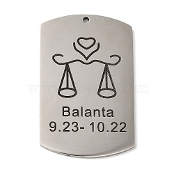 Non-Tarnish 304 Stainless Steel Pendants, Stainless Steel Color, Rectangle with Constellation Charm, Libra, 43x26.5x1.5mm, Hole: 1.6mm(STAS-C098-01I-P)