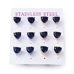 6 Pair 2 Color Heart Cubic Zirconia Stud Earrings, Golden & Stainless Steel Color 304 Stainless Steel Earrings, Blue, 9x9mm, 3 Pair/color(EJEW-A024-15B)