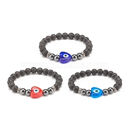 3Pcs 3 Color Natural Lava Rock & Synthetic Hematite Stretch Bracelets Set, Lampwork Heart with Evil Eye Beads Bracelets for Women, Mixed Color, Inner Diameter: 2-1/8 inch(5.4cm), 1Pc/color(BJEW-JB08323)