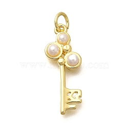 Brass Pendants, Key Charms, with ABS Imitation Pearl, Rack Plating & Long-Lasting Plated, Lead Free & Cadmium Free, Real 18K Gold Plated, 23x9x4mm, Hole: 3.5mm(KK-M309-21G)