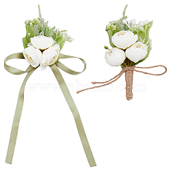 4Pcs 2 Style Silk Cloth Rose Flower Boutonniere Brooch & Wrist Corsage, for Wedding, Party Decorations, Beige, 125~740x85~90x33~45mm, 2pcs/style(AJEW-HY0001-32)