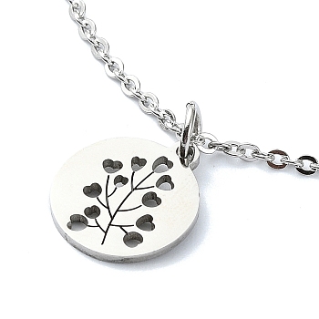 304 Stainless Steel Pendant Necklaces, Flat Round with Flower, Stainless Steel Color, 15.75 inch(40cm)