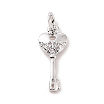 Brass Micro Pave Cubic Zirconia Pendants, with Jump Ring, Heart Key Charm, Platinum, 16.5x7x2mm, Hole: 2.8mm