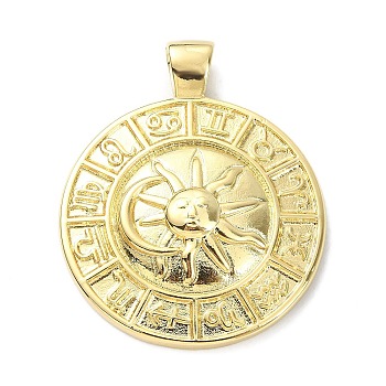 Rack Plating Brass Pendants, Lead Free & Cadmium Free, Flat Round with Sun & Twelve Constellations, Real 18K Gold Plated, 34.5x28.5x5.5mm, Hole: 5x3.5mm