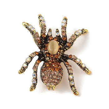 Holloween Spider Alloy Rhinestone Brooches, Antique Golden, Smoked Topaz, 45x38mm