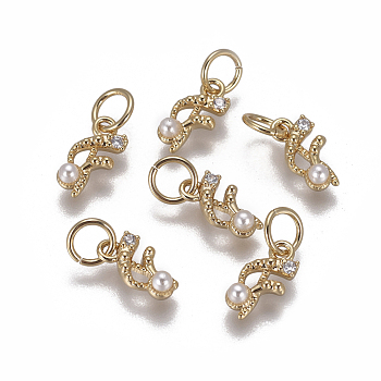 Brass Charms, with Cubic Zirconia and Shell Pearl Bead, Letter, Golden, Clear, Letter.F, 9.5~11x3.5~10.8x3~3.5mm, Hole: 3.5mm